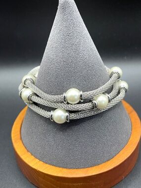 Anne Klein 3 Row Silver Tone Mesh Faux Pearl Bracelet 7 1/2"